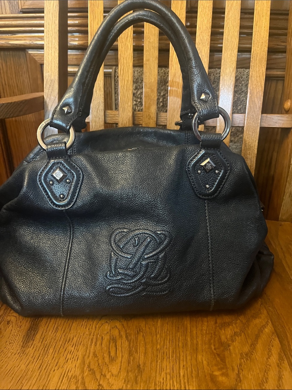 Black Leather Monogram Satchel Handbag -